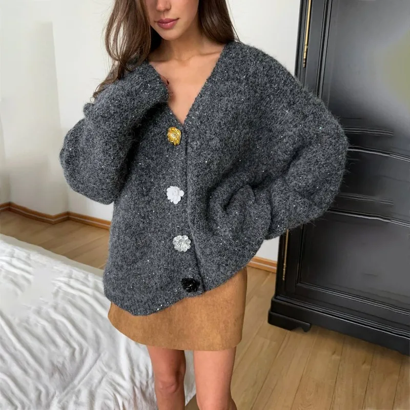 

V-neck cardigan woolen jacket spring and autumn new loose design metal buckle sweater cardigan