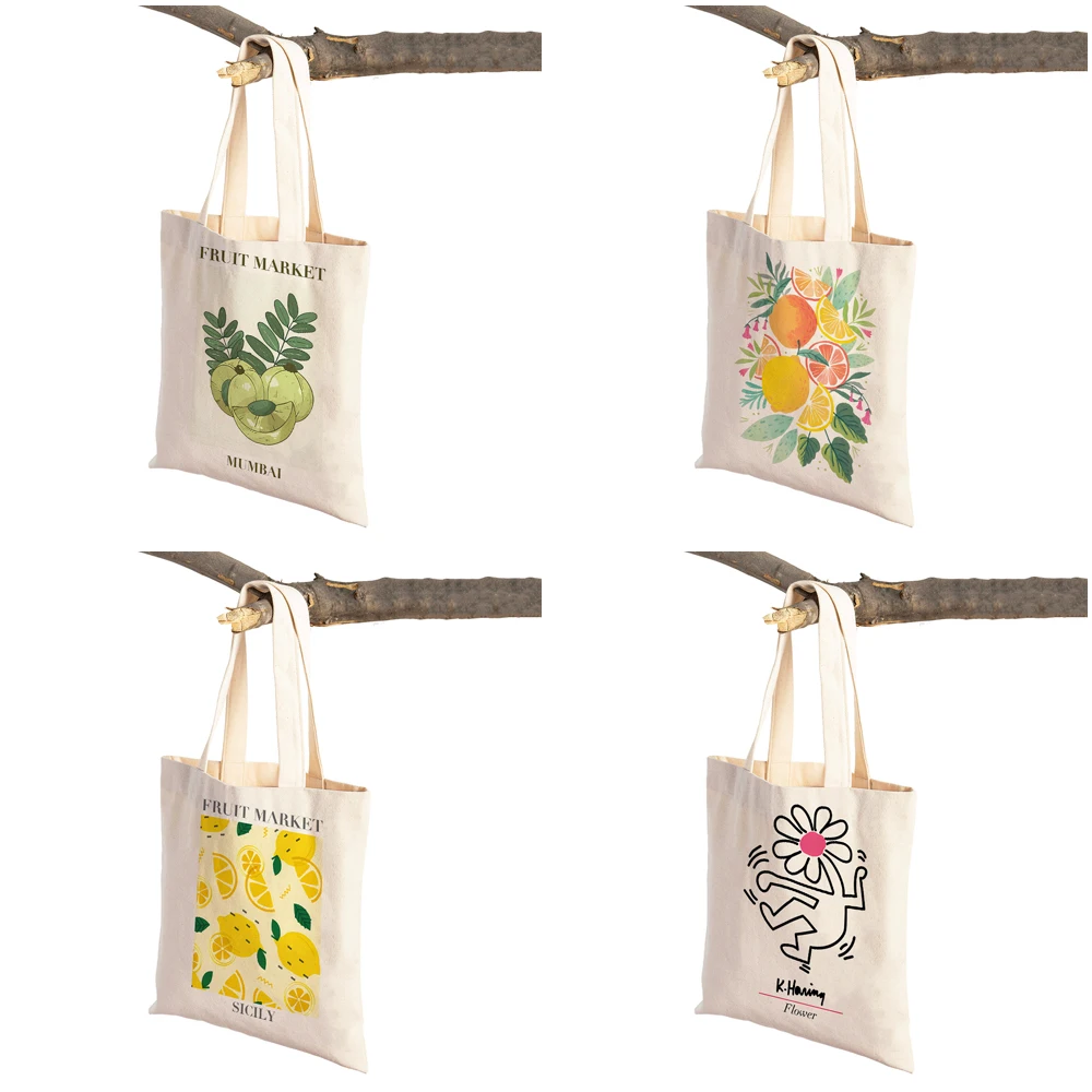 Both Sides Print Girl Shoulder Tote Flower Market Botanical Lime Lemon Cavas Shopper Bag Plant Lady Handbags Women Shopping Bags