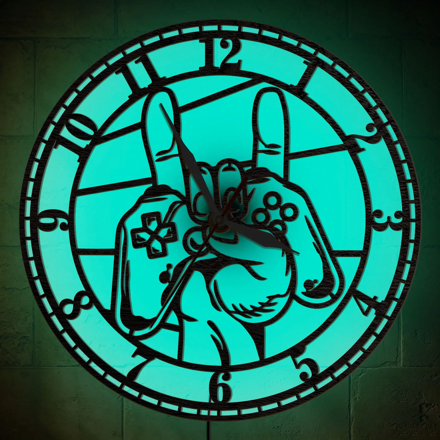 Video Game Player Gamepad Wooden Wall Clock Glow in Dark for Man Cave Teen Room Gaming Illuminated Sign LED Light Up Wall Clock