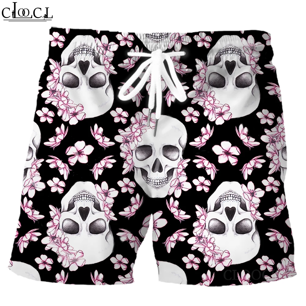 HX Fashion Mens Shorts Skull Floral 3D Printed Pants Elastic Pockets Sports Shorts Beach Shorts Men Clothing Dropshipping