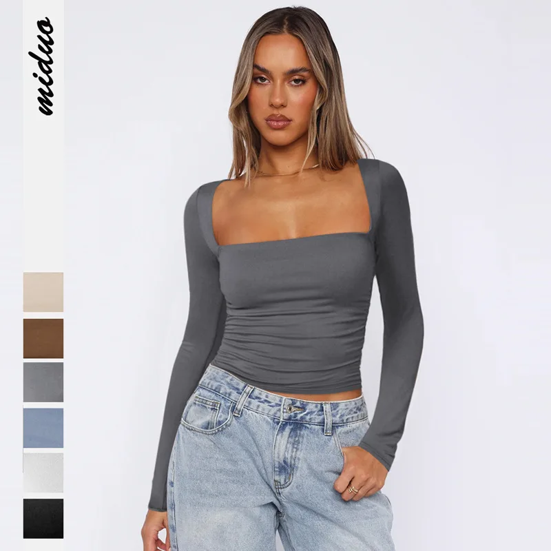 Spring Summer Women's Long Sleeve T-shirt Female Slim Square Neck Top Y2K Lady's Solid Color Bottoming Shirt Women's Clothing