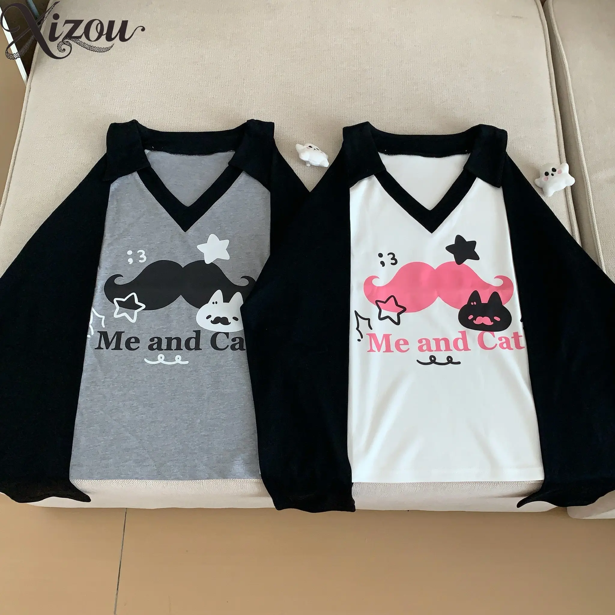 Harajuku Cute Mustache Cat Print Long Raglan Sleeve T Shirt Women Fall V Neck Collar Casual Daily Tee Cartoon Sweet Top Autumn