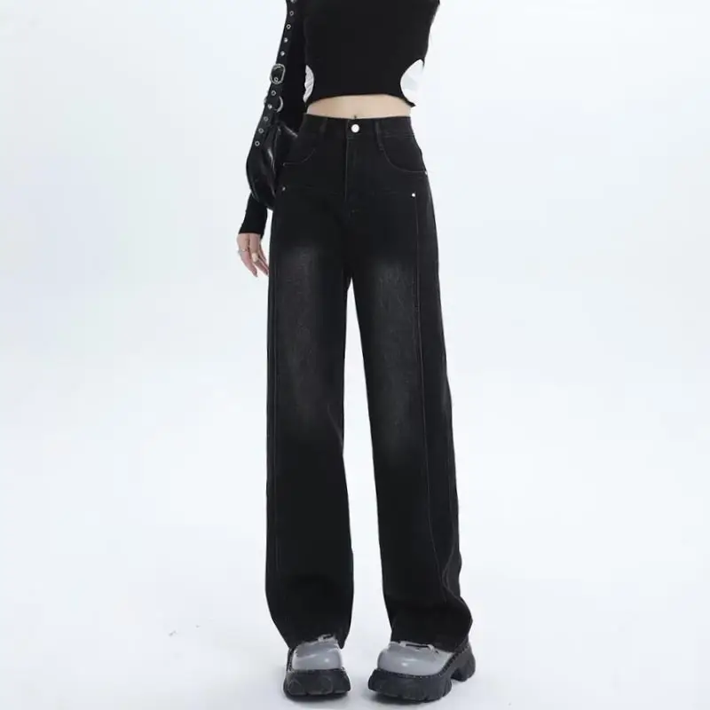 Straight Jeans for Women Spring Autumn High Waisted Long Pants Loose Denim Trousers Dark Grey Plus Size Clothing Vintage Style