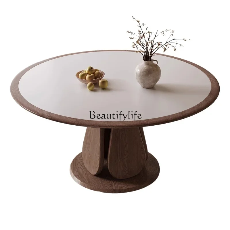 

Solid wood matte rock slab dining table with turntable imported light luxury modern 1.5m round table