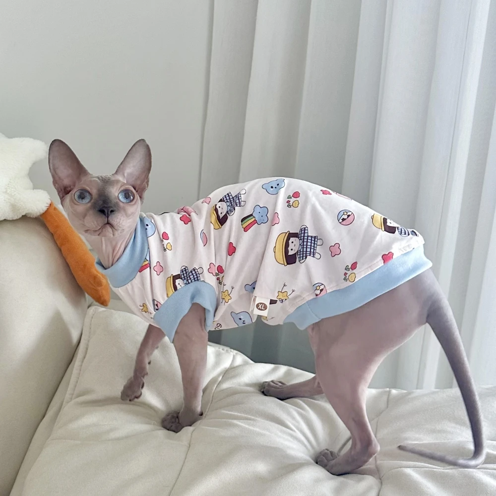 Soft Cotton Short Sleeves T-Shirt for Sphynx Cat Dogs in Summer Blue Cute Coat Elestic Cartoon Pajamas for Kittens Pet Supplies