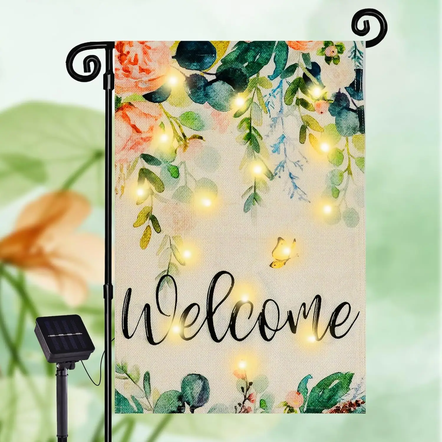 Spring Garden Flag 12x18 Inch 8 Modes Floral Double Sided Small Willow Led Flag for Outside Welcome Burlap Yard Holiday Decorati