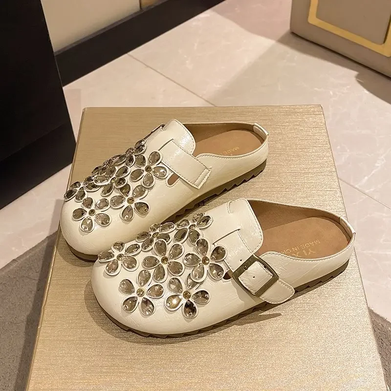 Women's Floral Rhinestone Buckle Strap Closed Toe Slip on Mule Clogs Vintage Casual Daily Outdoor Footwear Drop Shipping Gift