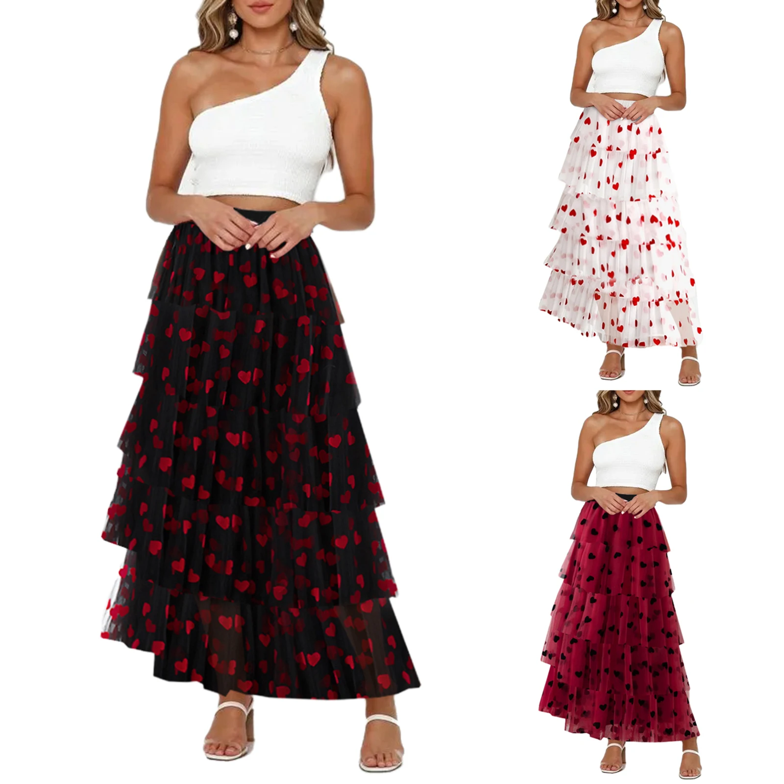 Women's  High Waist Heart Print Long Tulle Skirt for Travel Valentine's Day A-line Skirt