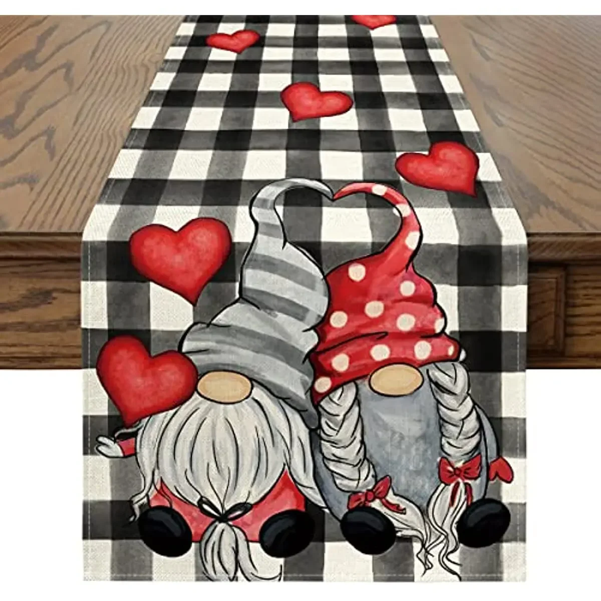 Valentine\'s Day Linen Table Runner Wedding Decoration Buffalo Plaid Hearts Gnomes Table Runner for Dining Holiday Party Decor