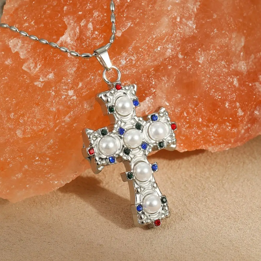 

Exquisite Cross Pendant Necklace Geometry Stainless Steel Pearl Necklace Charms Exaggerated Vintage Jewelry Necklace Gift