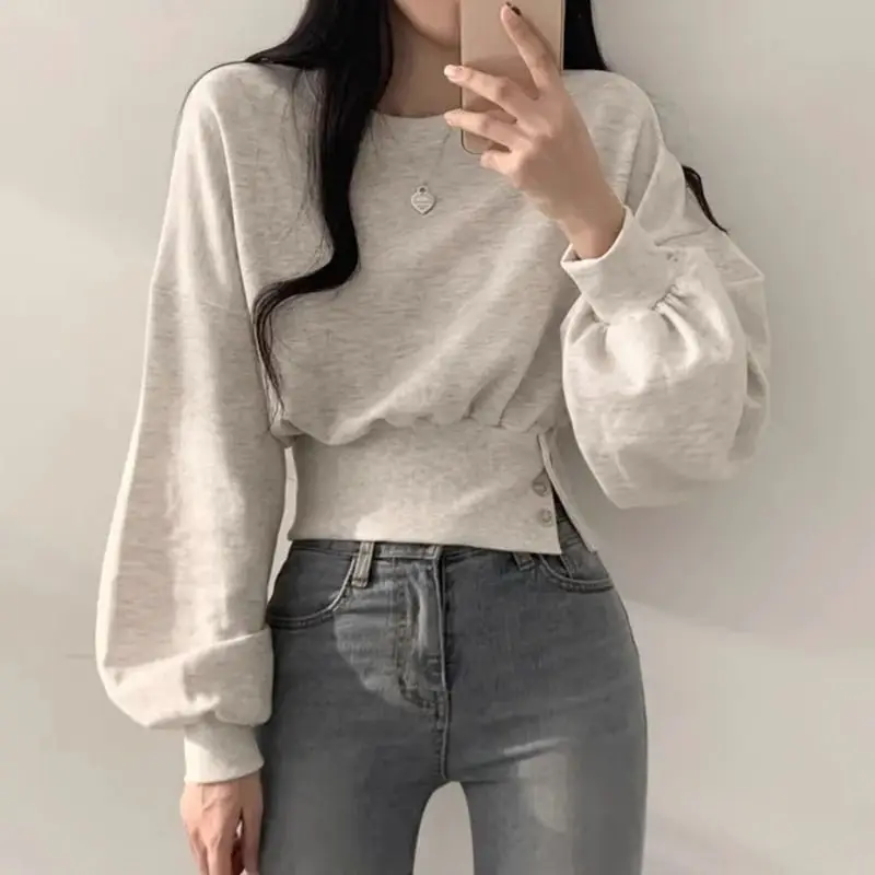 Korean Fashion Spring Autumn New Women\'s O-Neck Solid Patchwork Button Simplicity Chic Long Sleeve Pullovers Sweatshirts Tops