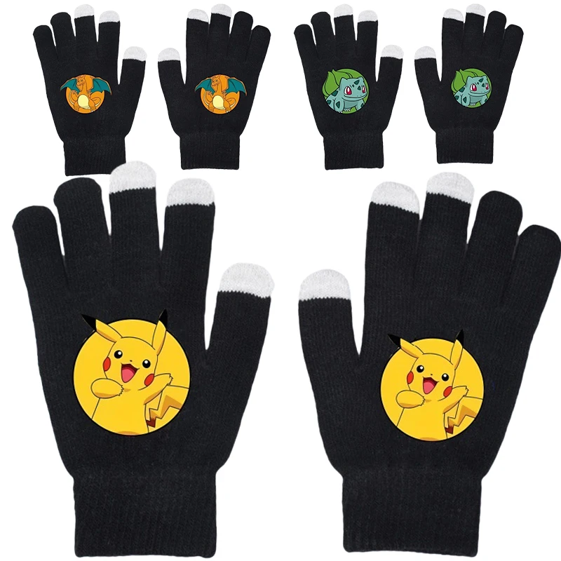 Pokemon Pikachu Knitted Winter Gloves Children Autumn Winter Warm Thick Touch Screen Skiing Outdoor Cycling Glove Boys Girl Gift