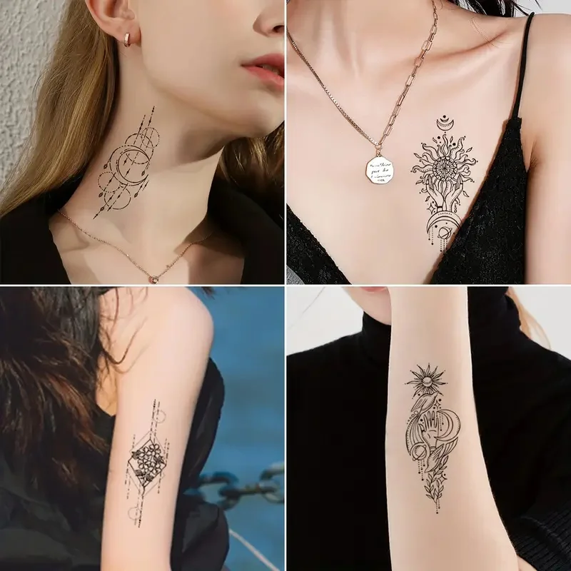 30pcs/set Black Waterproof Fake Tattoos Water Transfer Line Drawing Jewelry Lace Moon Temporary Tattoos Sticker for Girls Ladies