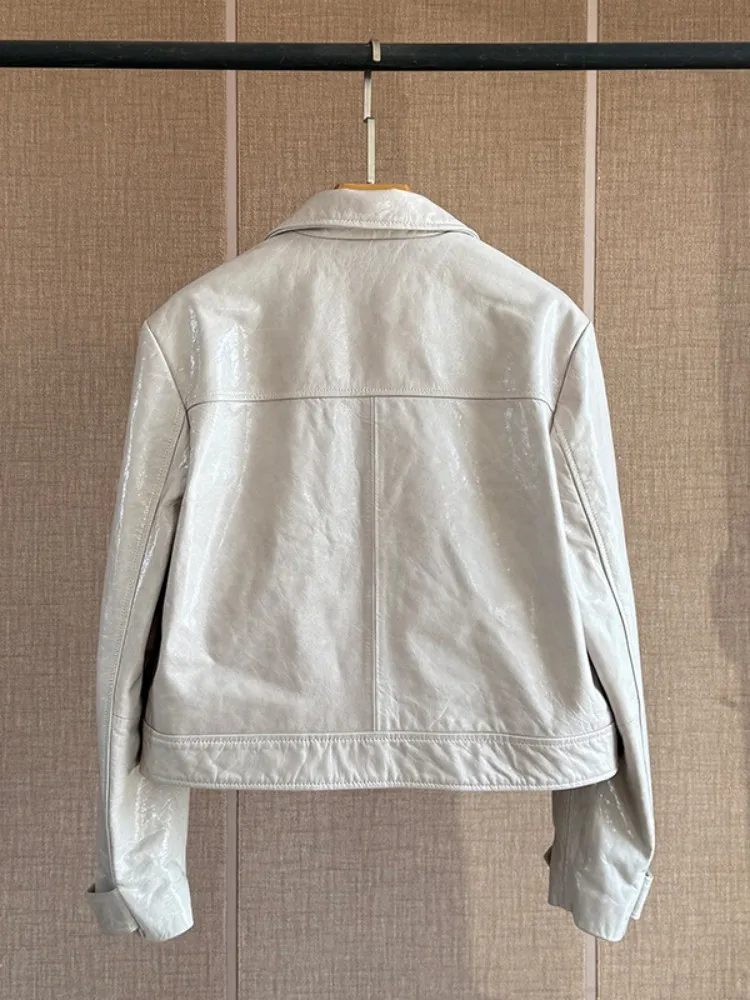 Giacca corta da donna in vera pelle moda colletto couverture tasca vera pelle di pecora ufficio signora moto cappotto in cera d'olio capispalla