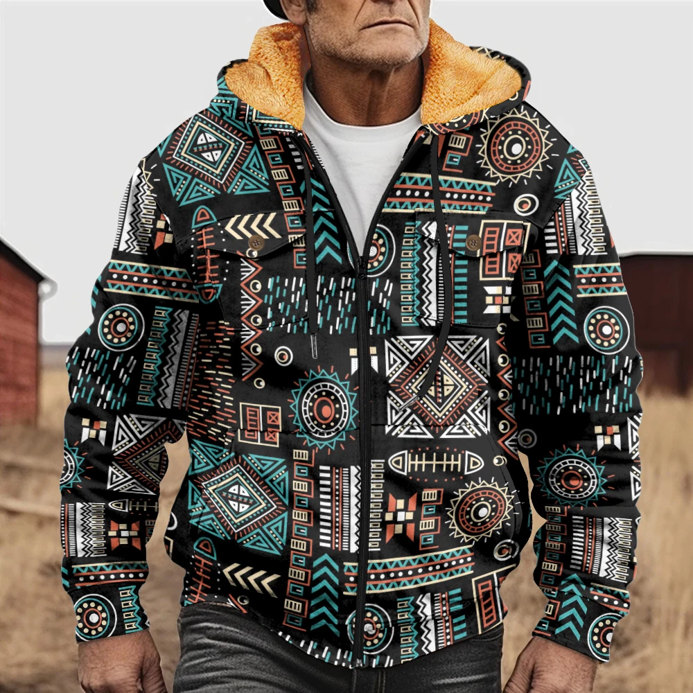 Winter men's coat plus size men's multi-element printed coat, casual and versatile, trendy and fashionable