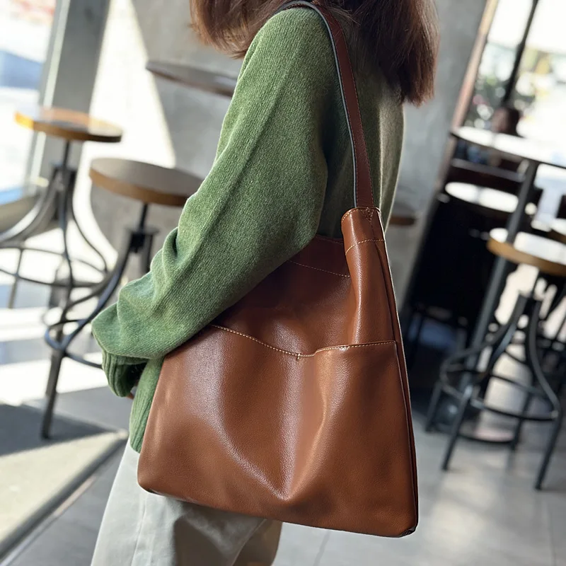 

2024 New Leather Shoulder Bag Women's Soft First Layer Cowhide Simple Large-capacity Tote Lazy Bag