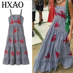 HXAO Embroidery Plaid Long Dresses Women Sleeveless Slip Midi Dress Woman Pleated Backless Beach Dress Vintage Summer Dress