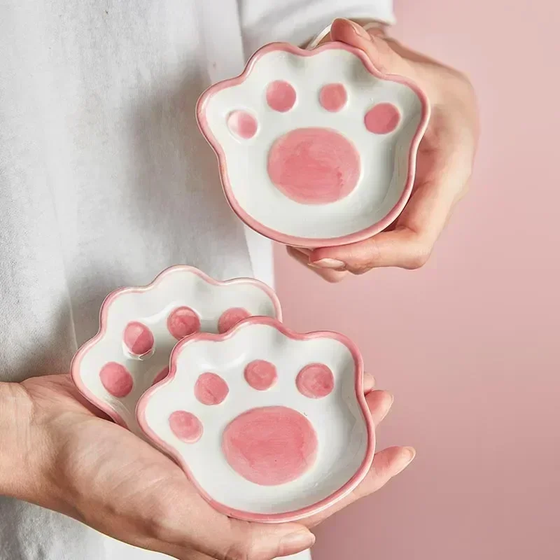 2023 Japanese Cute Cat's Paw Taste Dish Ceramic Cartoon Dessert Plate Soy Fruit Sauce Dish Seasoning Bowl Household Dip Dishes