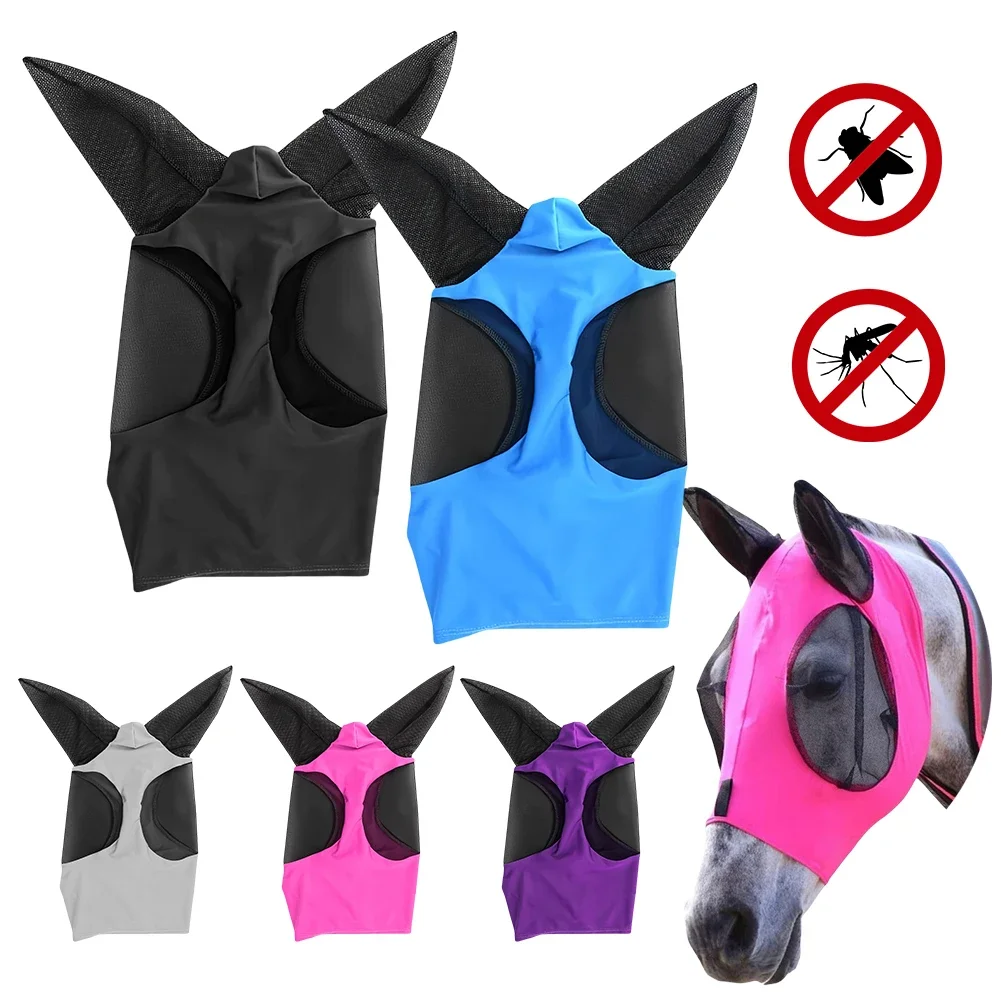 Multicolor Horse Masks Anti-Fly Worms Breathable Stretchy Knitted Mesh Anti Mosquito Mask With Ears Riding Equestrian Equipment