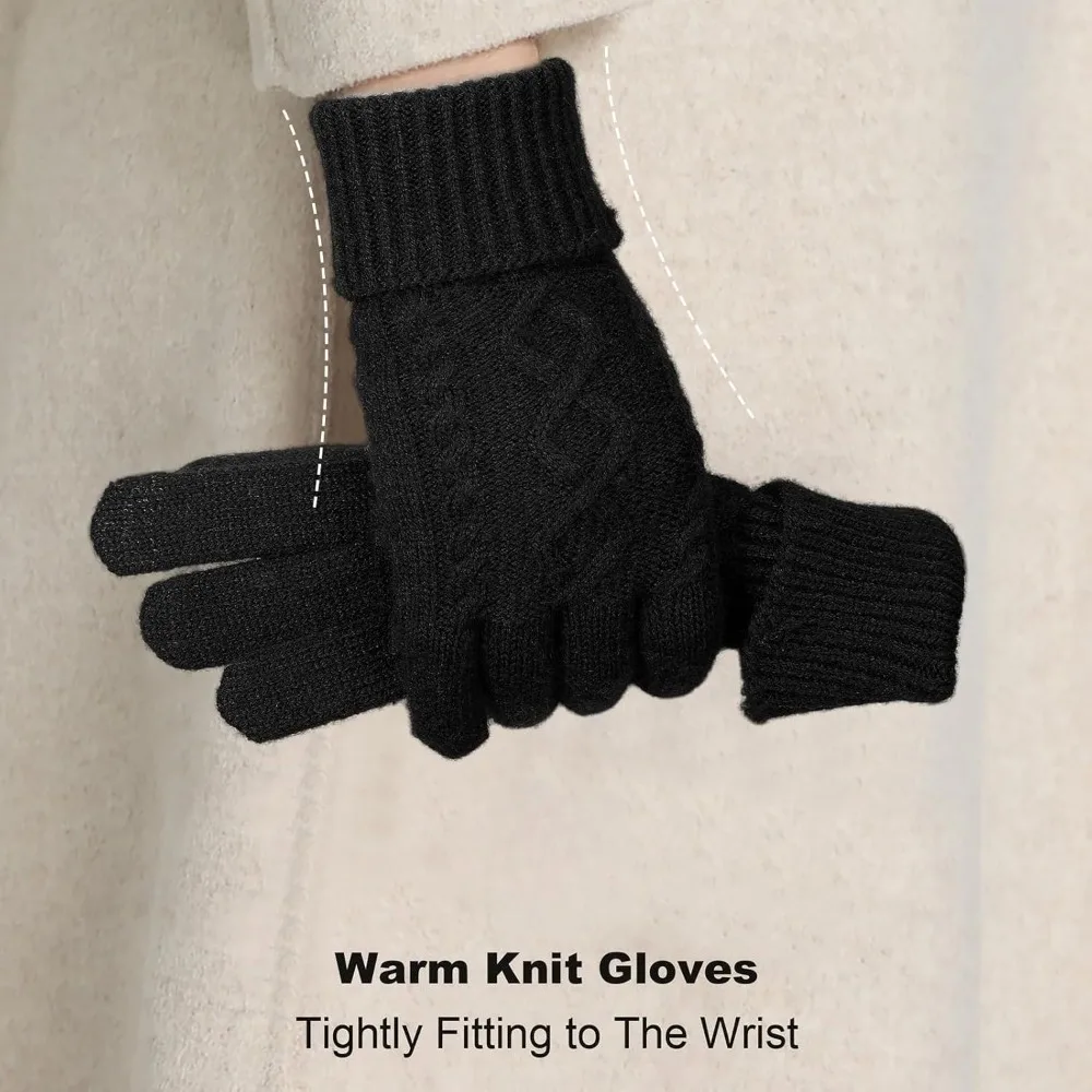 여성용 겨울 장갑 - 추운 날씨용 여성용 장갑, 따뜻한 터치스크린 플리스 안감 장갑, 신축성 있는 커프 니트 장갑