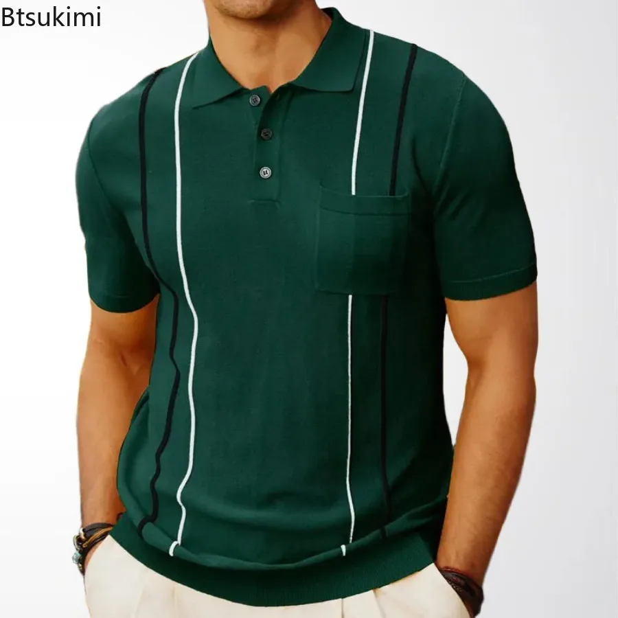 New Men's Casual Knitted Patchwork Short Sleeve Polo Shirt Comfy Breathable Lapel Tops Fashion Versatile T-shirt Summer Clothing