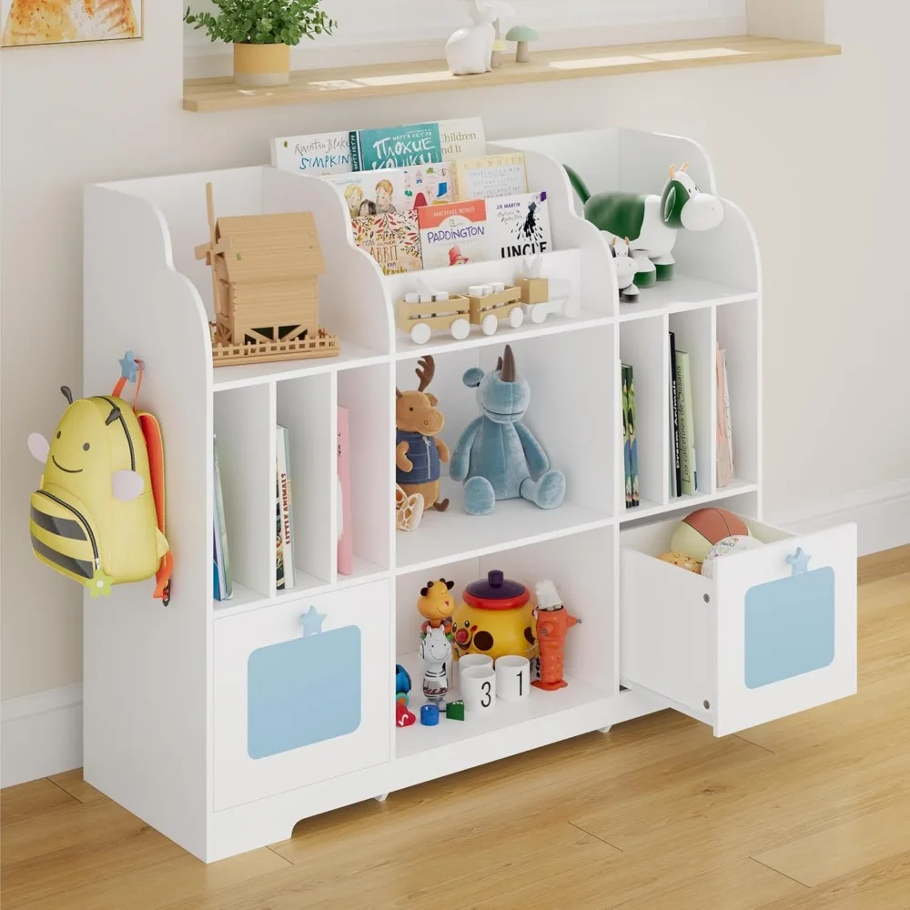 Estantería para niños con 2 cajones, organizador de almacenamiento de juguetes de madera de 3 niveles, caja de juguetes con estampado ondulado para niños y niñas, estantería para libros para niños pequeños