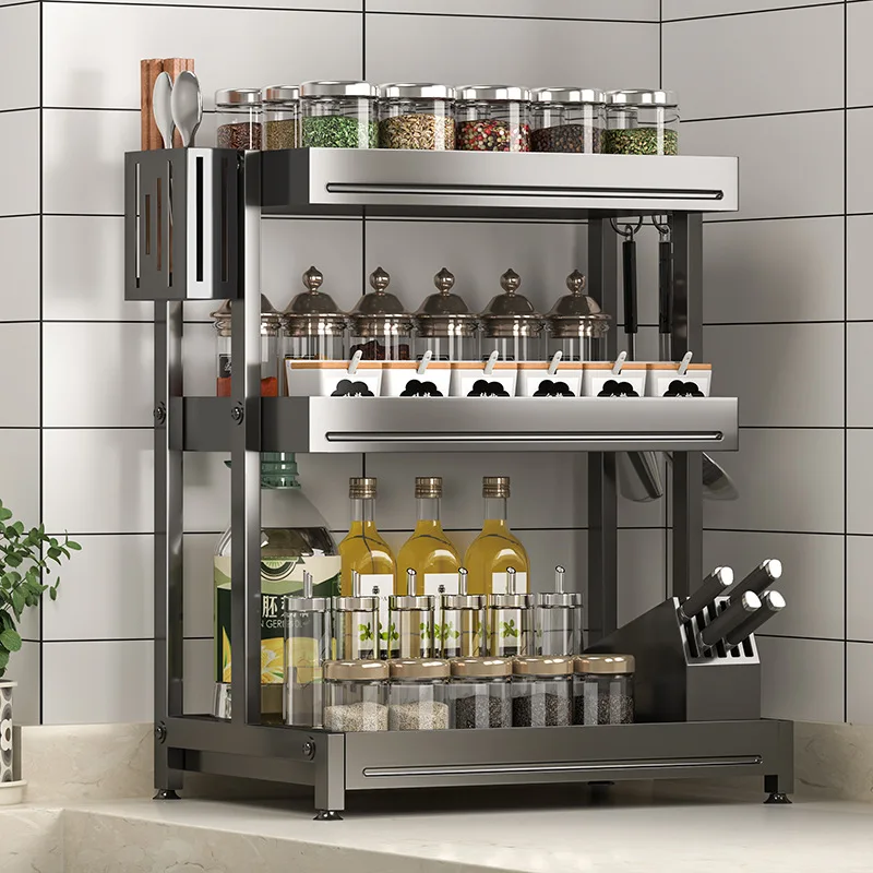 

Multifunctional Countertop Kitchen Shelf Multi-Tier Seasoning Rack Space Saving Utensil Holder Modern Kitchen Knife Display Rack