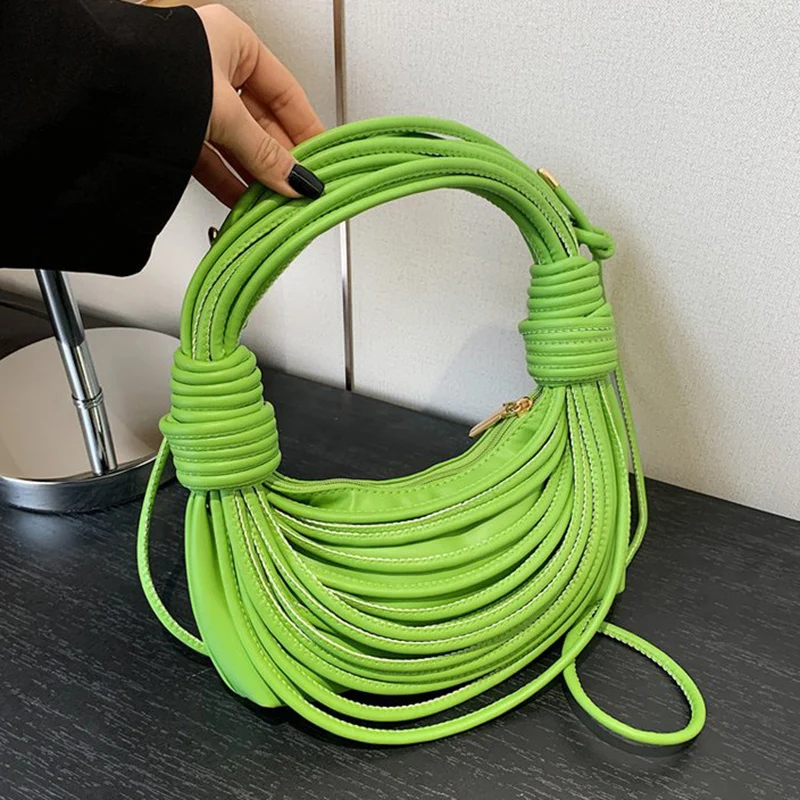 2024 Luxury Women Handbags Designer Brand Handwoven Noodle Bag Rope Knotted Pulled Hobo Half-Moon Bag Green White Evening Clutch