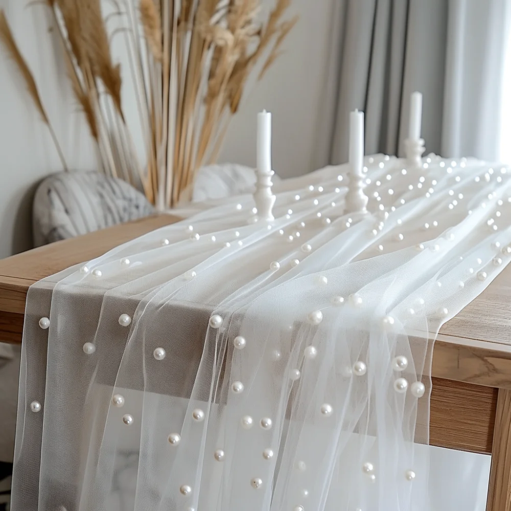 Chic Pearl Embellished Gauze Table Runner For Wedding Event Party Romantic Sheer Tulle Tablecloth Home Dining Supplies