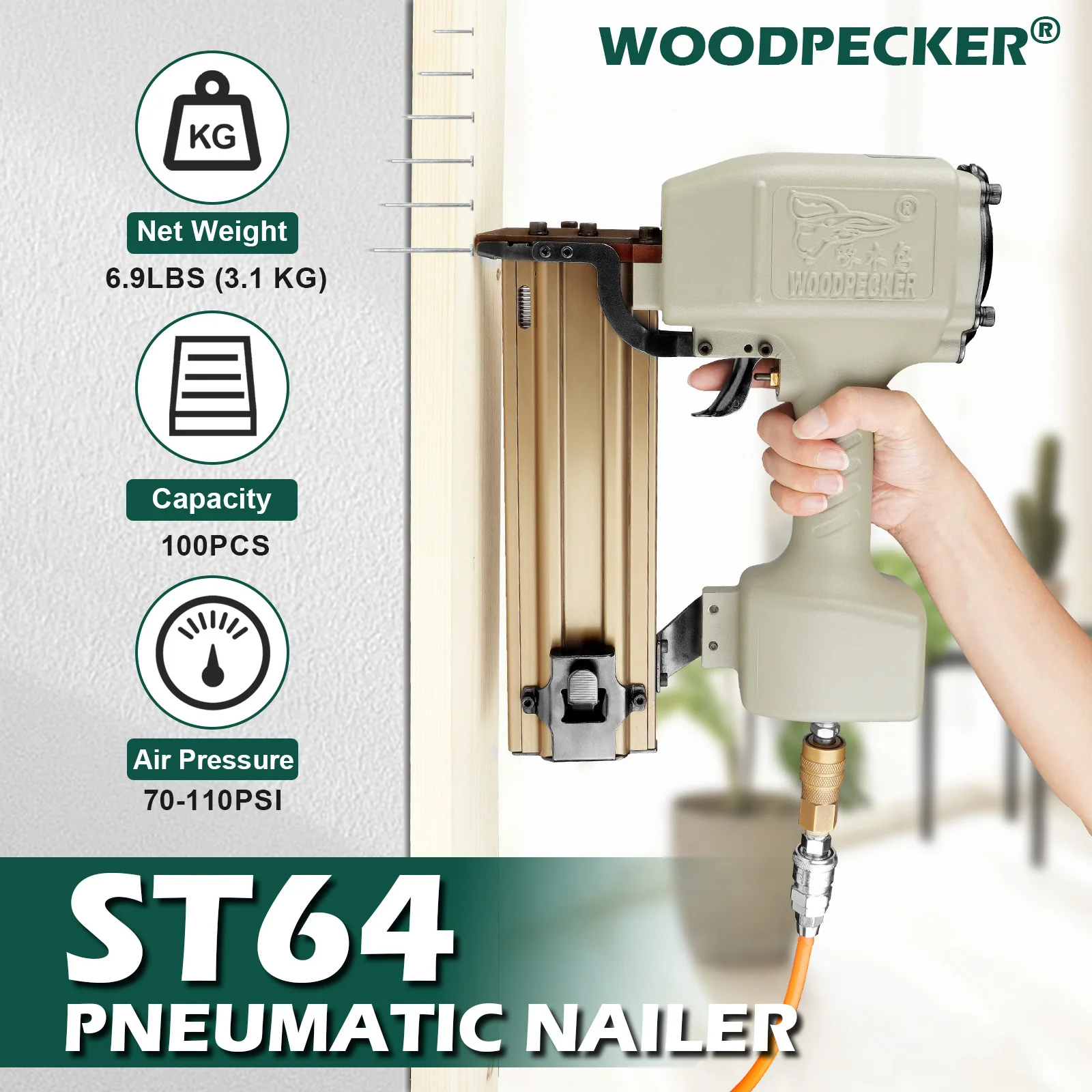 

Woodpecker ST64 14 Gauge Concrete T Nailer Gun Air Power Heavy Duty Concrete Nail Gun Brad Nailer Finish Nailer for Woodworking