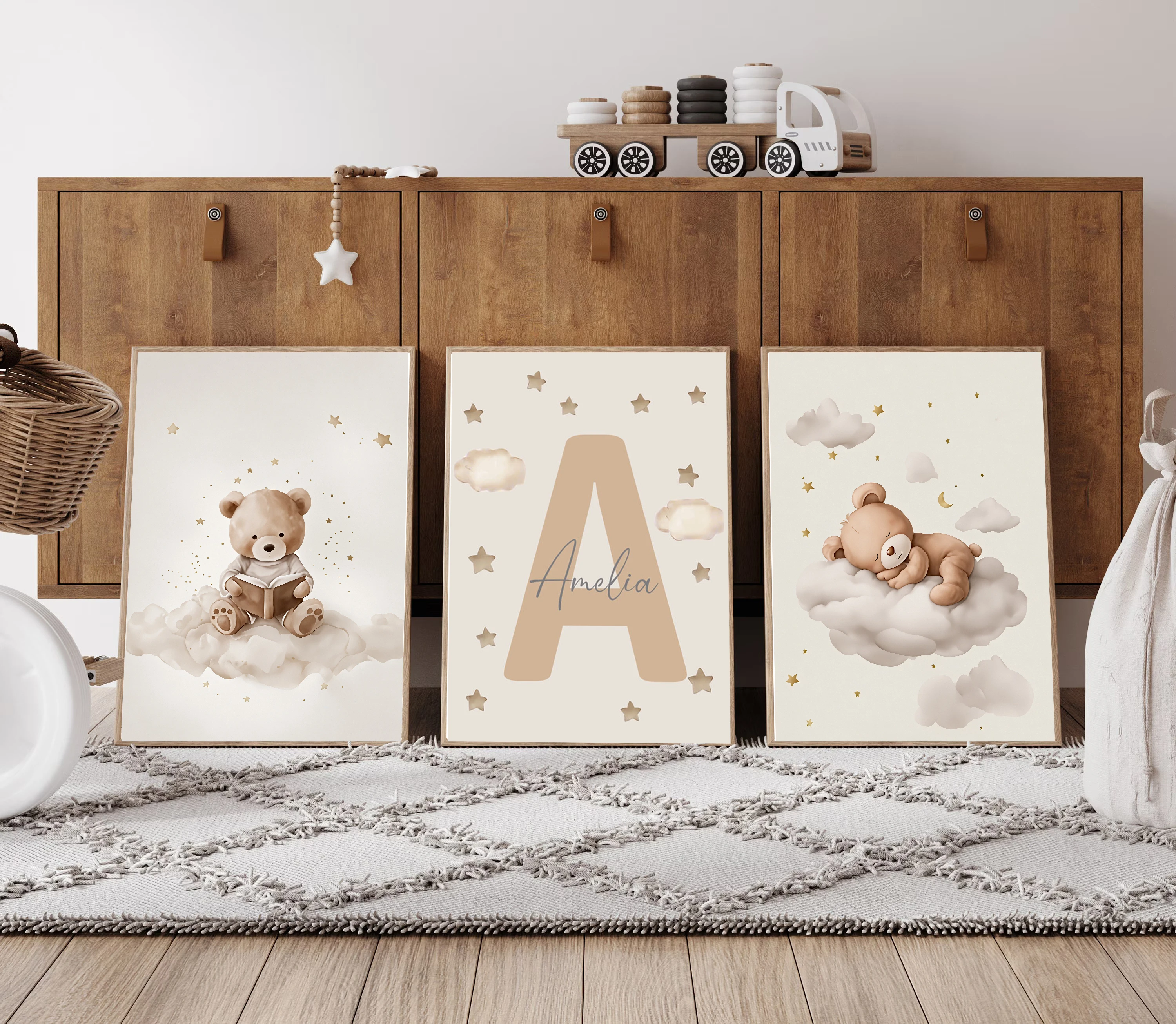 3pcs/set Bohemian Teddy Bear Animal Custom Baby Name Nursery Canvas Poster Star Cloud Birthday Wall Art Print for Home Decor