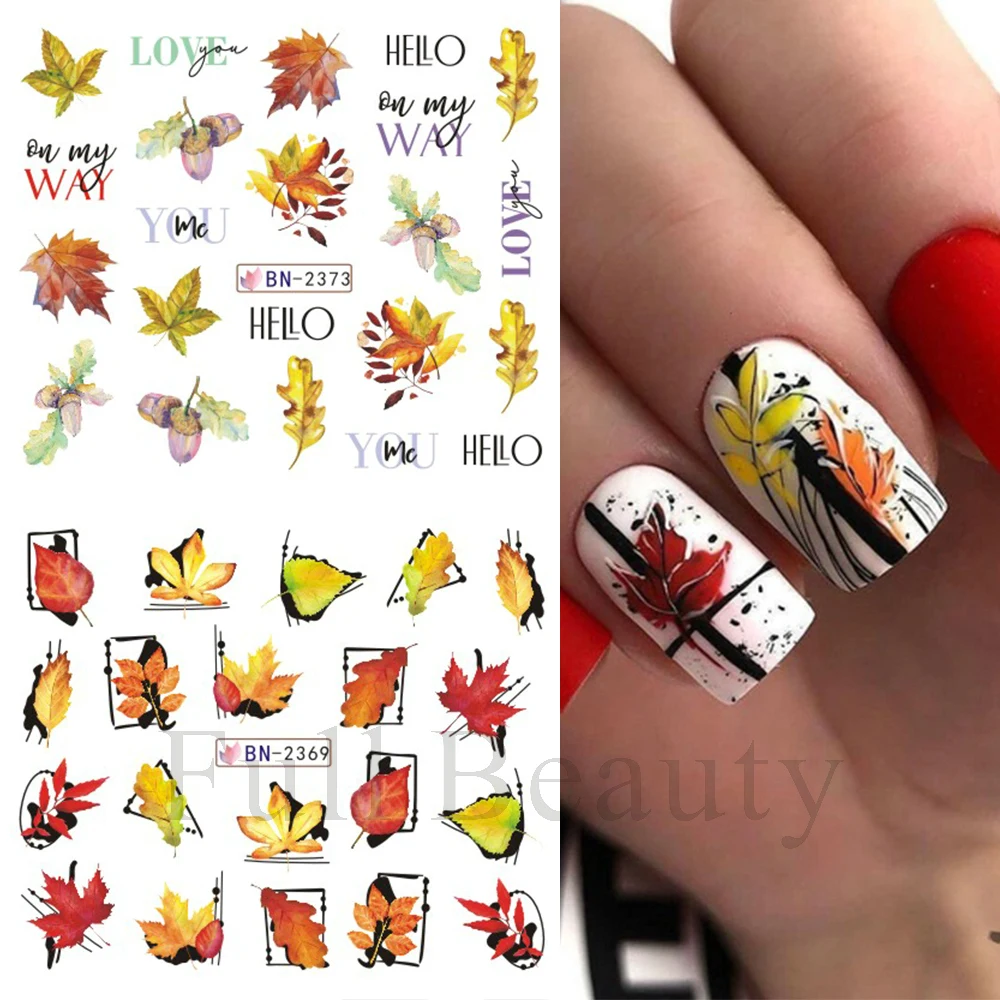 Maple Leaf Nail Stickers Gold Autumn Sliders For Nails Fox Owl Hedgehog Animals Water Decals Set Transfer Tattoos GLBN2365-2376