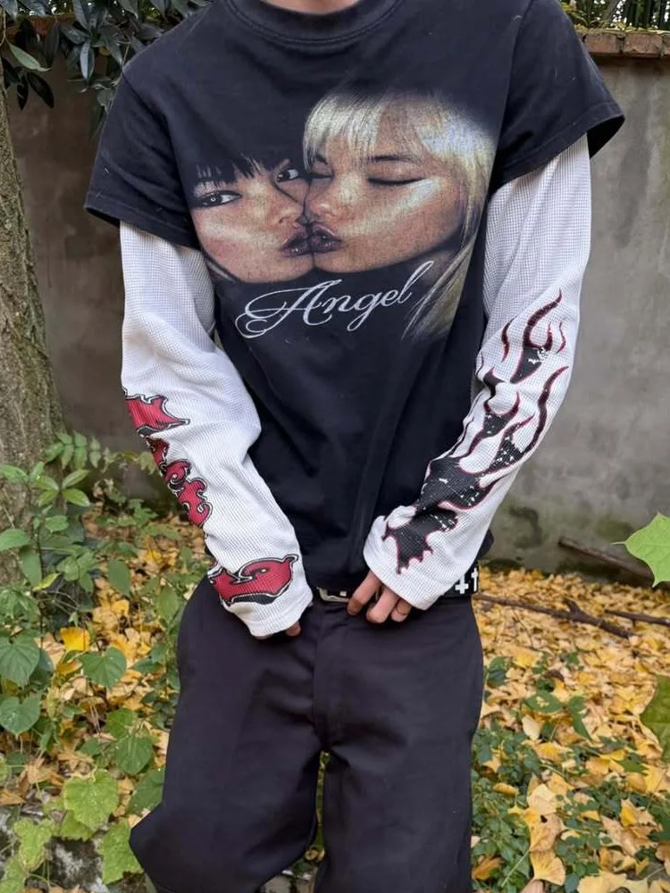 Women 2000s Streetwear Punk Graphic T Shirt  Layered Long Sleeve Top Flame Print Streetwear Gothic Grunge Casual Tee Y2K Fashion