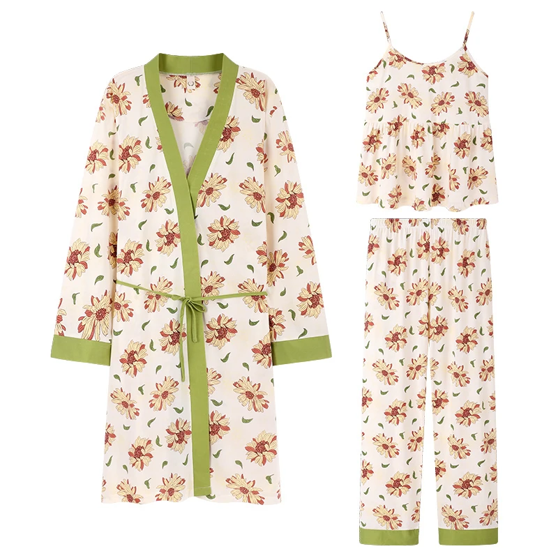 

Spring Modal Women Three Pieces Set Pajamas Long Sleeve Casual Soft M-5XL Female Sexy Nightwear