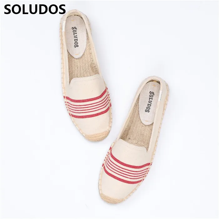 

SOLUDOS new women's thick soled grass woven linen soled shoes with linen canvas stripes, one foot flat fisherman's shoes