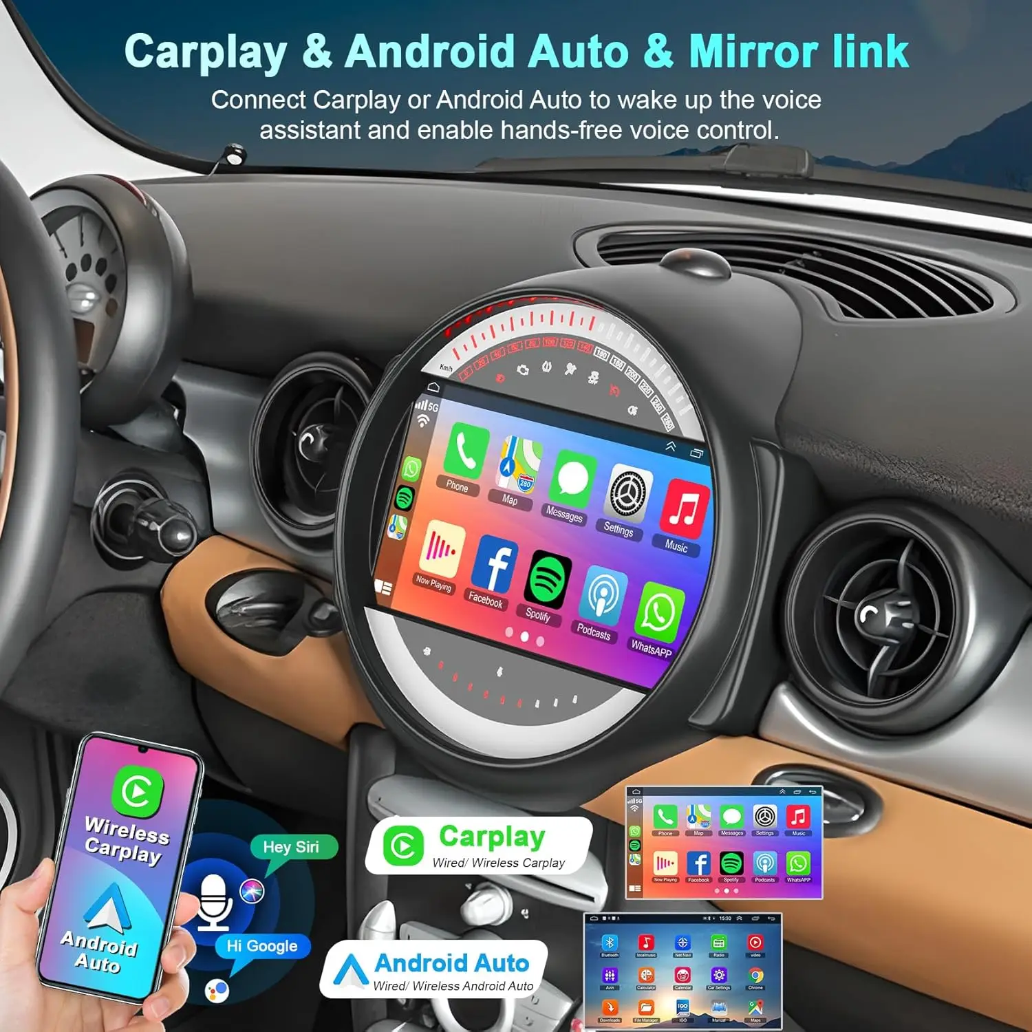 9 inch 8 Cores Android 13 Car Touch Stereo Radio 2+32G GPS Navigation For Mini Cooper R56 2007-2014 Support Wireless Carplay Android Auto Car Radio with Bluetooth WiFi FM/RDS SWC Split Screen AHD Backup Camer