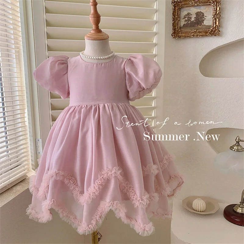 Girls' summer Short sleeve flower petal dress 2024 new children's pooping skirt mesh baby princess dress