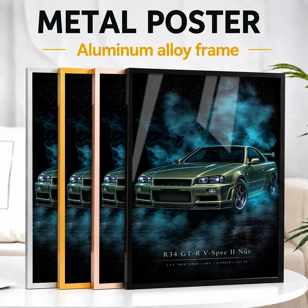 Japanese R34 GT-R V-Spec II Nür Millennium Jade Sports Car Framed Metal Poster Customized Bold Speed Culture Wall Art For Garage