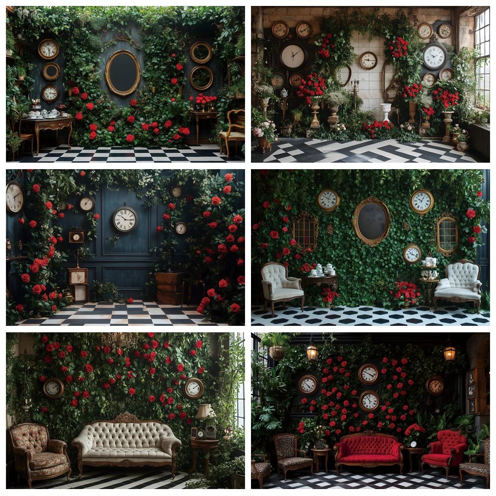 

Vintage Garden Floral Clock Photography Background Castle Girl Birthday Party Artistic Portrait Photo Backdrop Studio Supplies