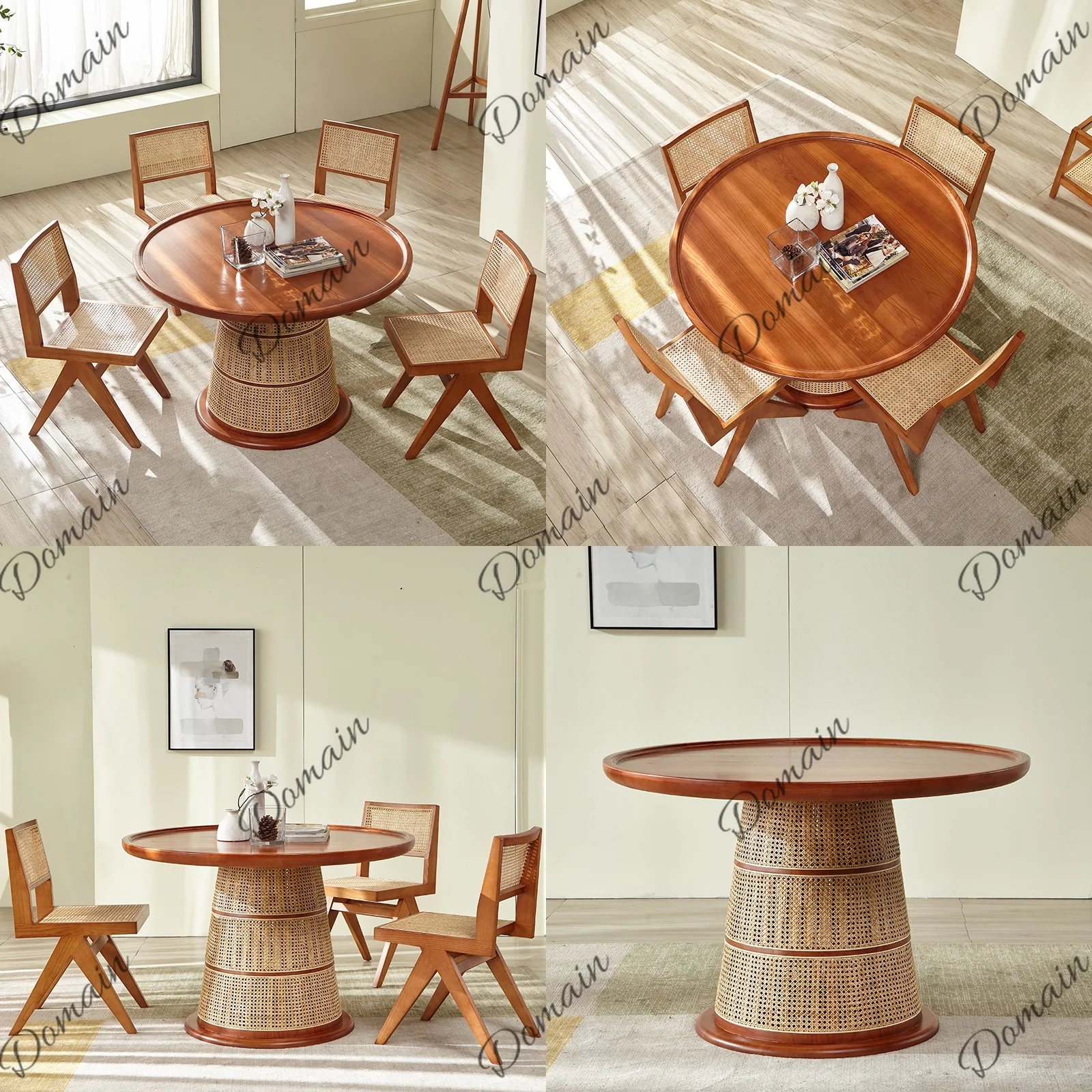 Japanese Style Solid Wood Round Dining Table Wabi Sabi Small Space Rattan Table Set for Home