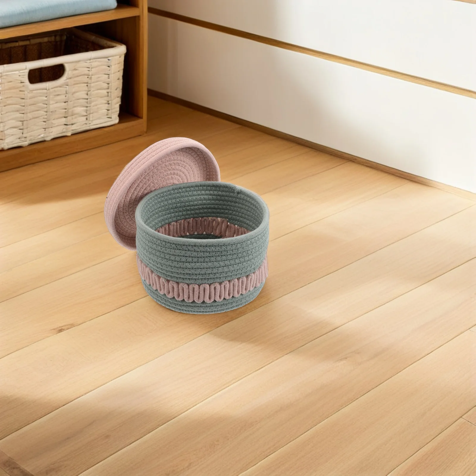

Lidded Cotton Rope Woven Basket Small Storage Organizer Decorative Basket for Living Room Nursery Desktop Decorative Baskets
