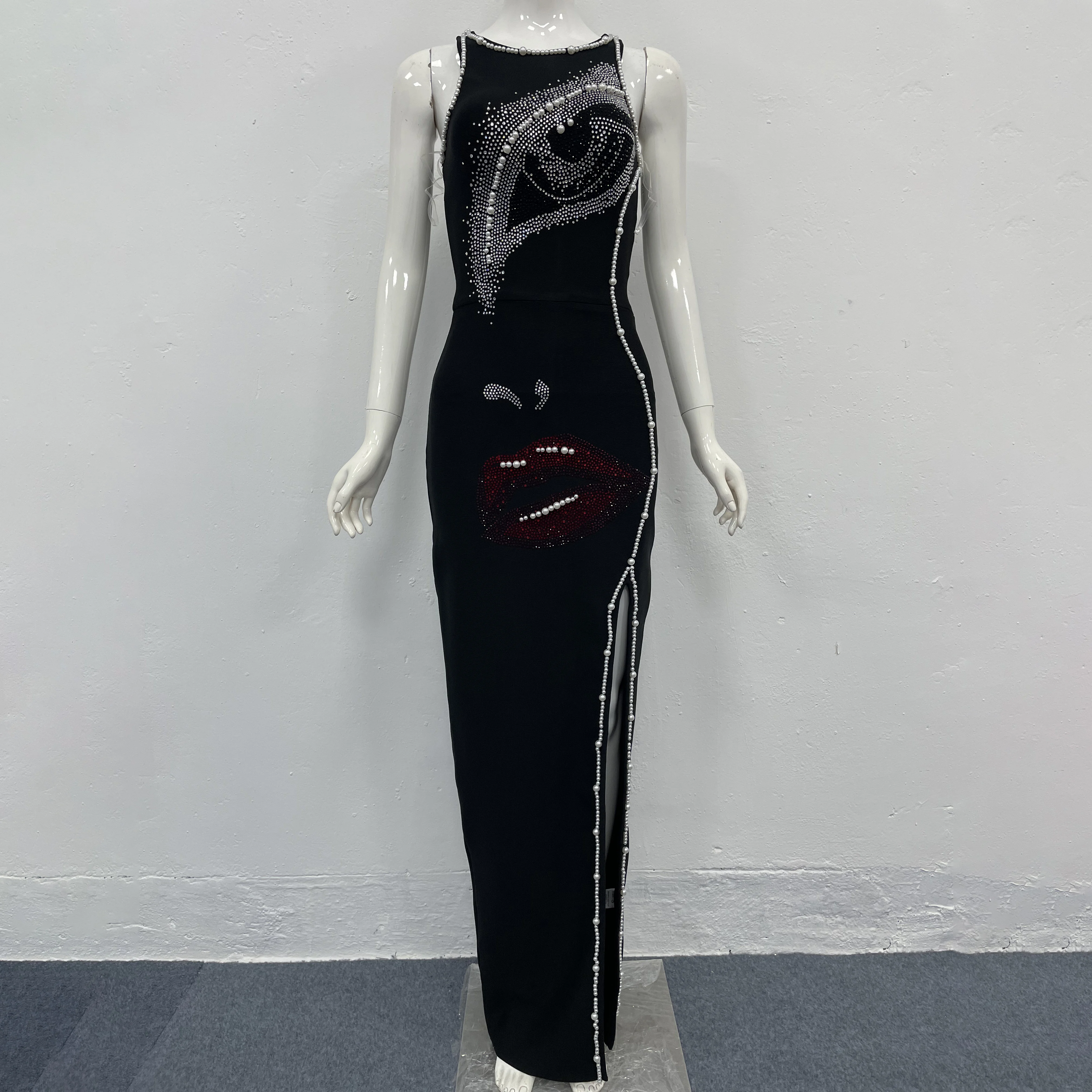 Nuevo estilo de ropa de mujer a la moda elegante con cuentas y incrustaciones de diamantes diseño dividido elegante vestido vendaje estilo celebridad