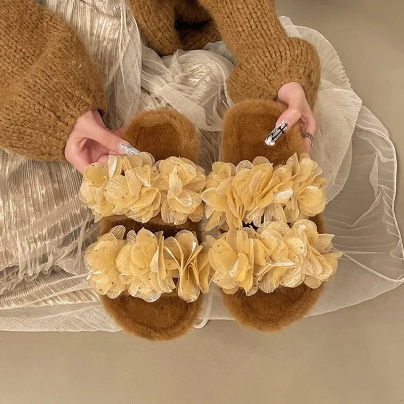 Damen Blumenmuster Organza Flauschige Pantoletten Offene Zehen Plüsch-Hausschuhe