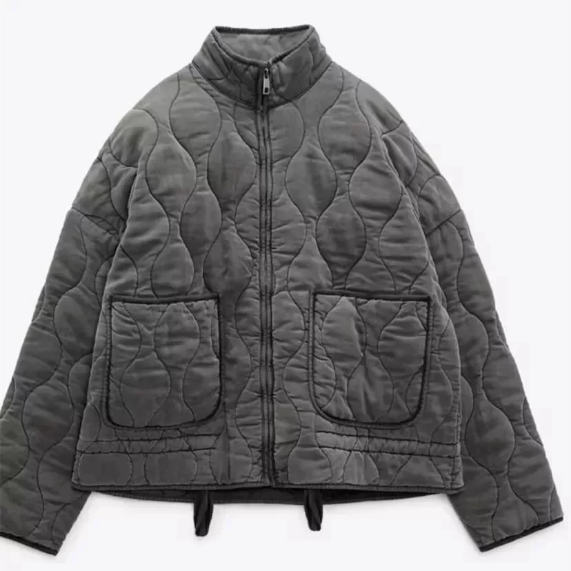 2026 New Arrival Vintage Women Quilted Coat Lenzing Rayon High Collar Large Pocket Decor Padded Jacket Winter Outwear