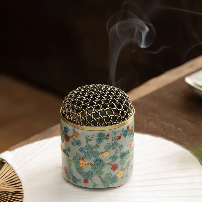 Enamel Flower Incense Burner with Metal Mesh Lid Handmade Cloisonne Incense Holder Aesthetic Zen Decor for Incense Lovers & Gift