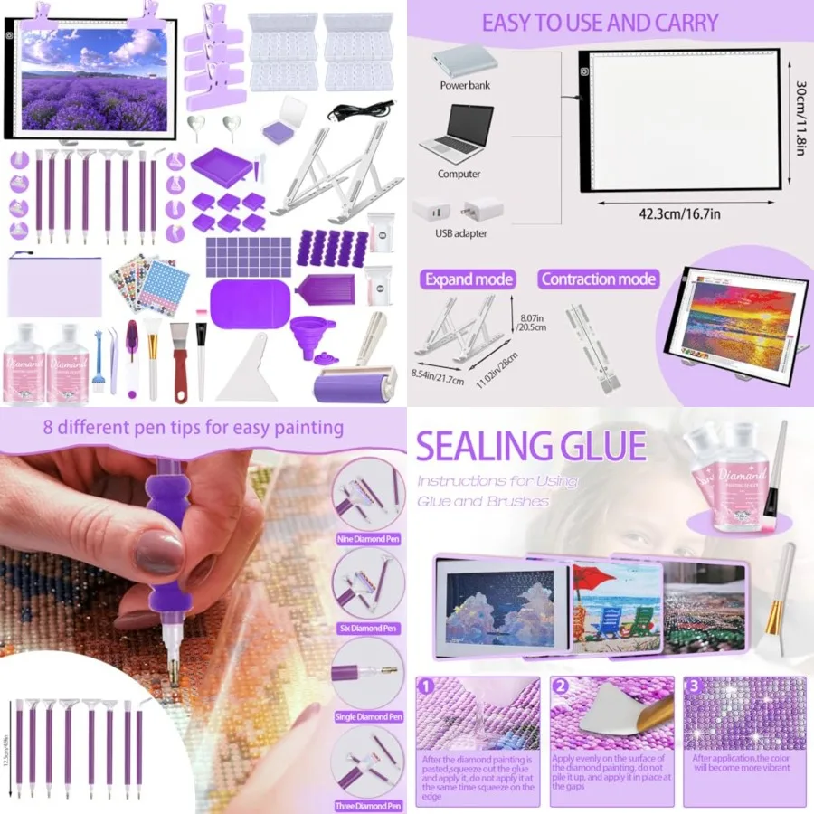244Pcs All Inclusive Diamond Art Accessories Kit Diamond Painting LED Light Pad Set with Diamond Art Sealer Glue Stand Storage