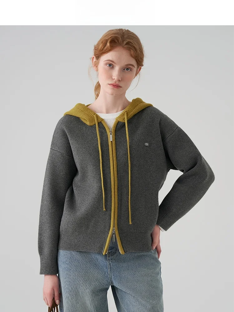 

Женский вязаный кардиган JIUJIU с капюшоном, многослойный, в стиле колор-блок, осенне-зимний, модный, с двойной молнией, свитер-пальто из мягкого полиэстера