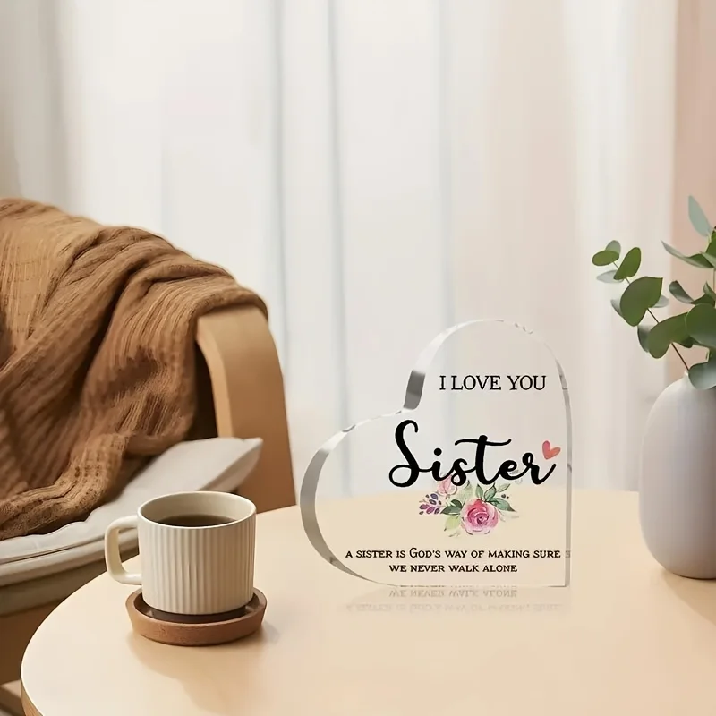 I Love You Sister Heart‑Shaped Acrylic Tabletop Plaque, Watercolor Rose Floral Faith‑Based Sister Quote Desk Keepsake Gift