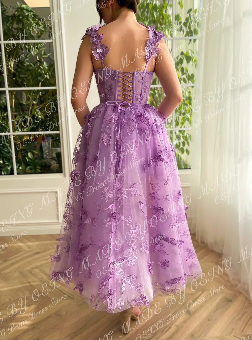 OEING Pastrol Purple Prom Dresses Fairy Spaghetti Strap 3D Butterfly Tea Length Party Dress For Women Lace Up Back Evening Gowns