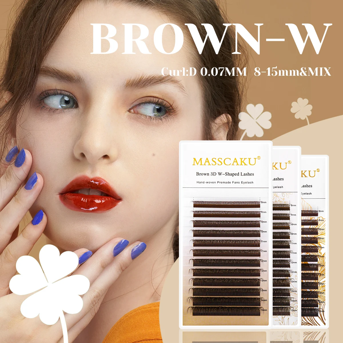 MASSCAKU marron 3D/4D/5D W en forme de Faux Cils D Curl Premium léger fibre technologique Extension de Cils utilisation professionnelle en Salon
